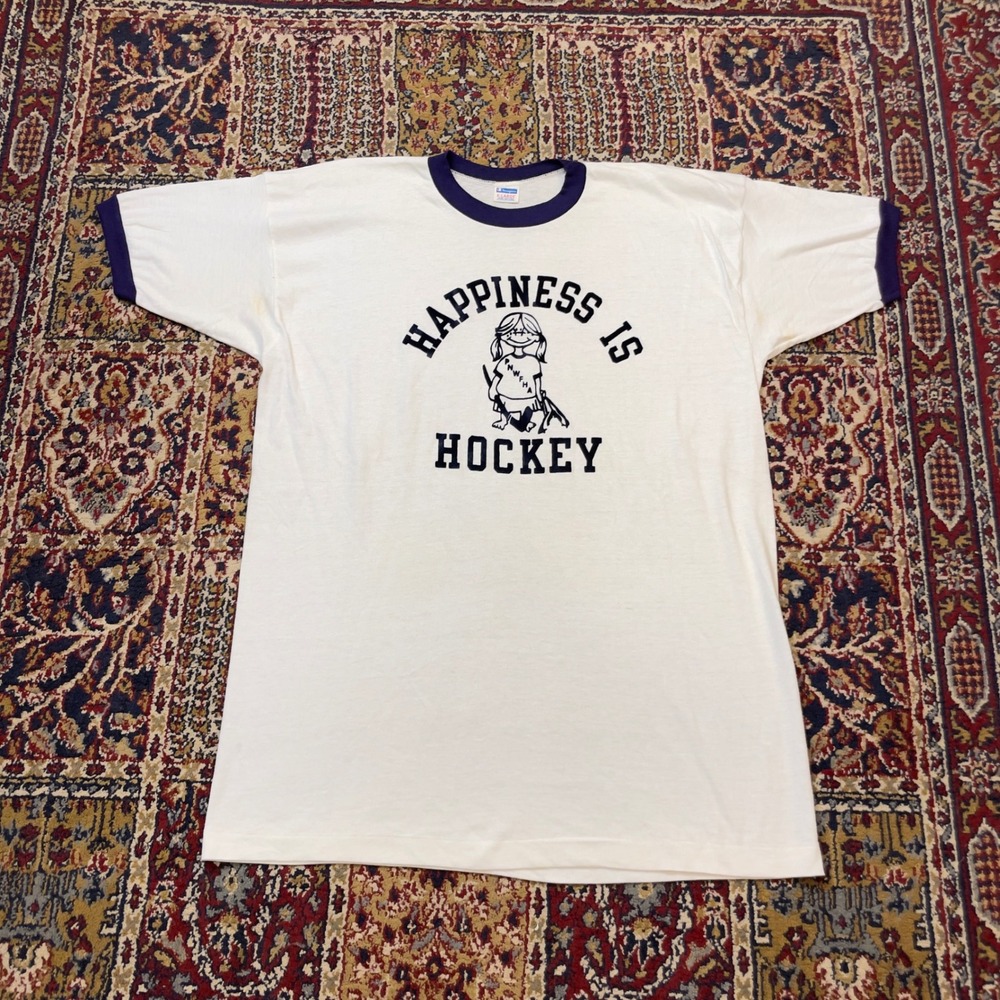VTG 70s Champion Blue Bar Flock Ringer Tee Happiness Is Hockey White Navy XL USA